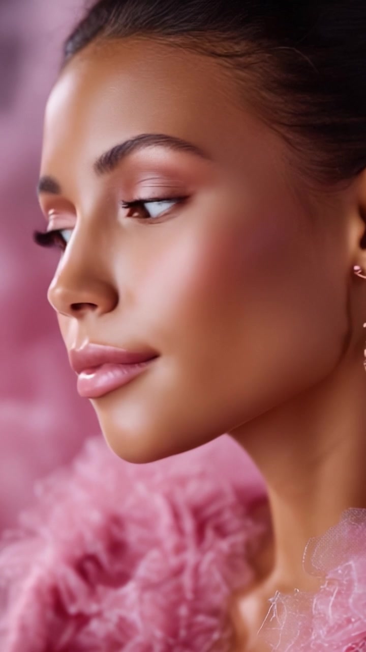 Eleganza accattivante: uno splendido primo piano dei lineamenti aggraziati del viso di una modella, evidenziati da texture rosa tenue e bellissimi gioielli in un'ambientazione da sogno.