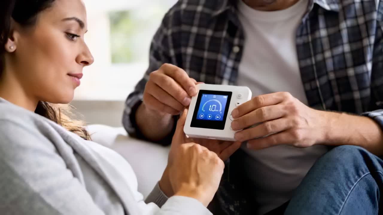 Reaching woman in gray blazer and man in flannel tapping thermostat on couch adjusting temperature