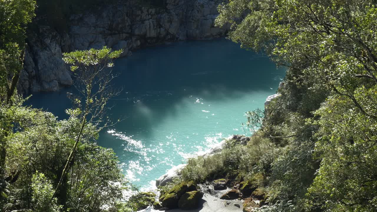 Hokitika Gorge Turquoise Water Glistening On A Sunny Day In West Coast, New Zealand. - wide shot