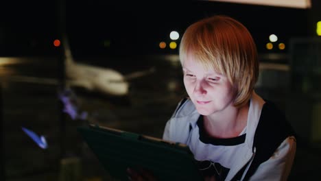 Mujer-Bonita-Disfruta-De-La-Tableta-En-El-Aeropuerto