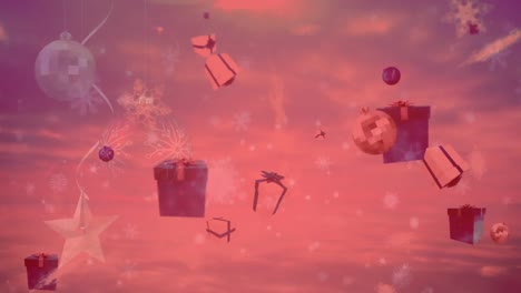 copos de nieve, bolas de navidad e iconos de regalos y decoraciones de navidad contra un fondo rojo