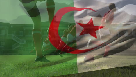 animation of flag of algeria over diverse footballers