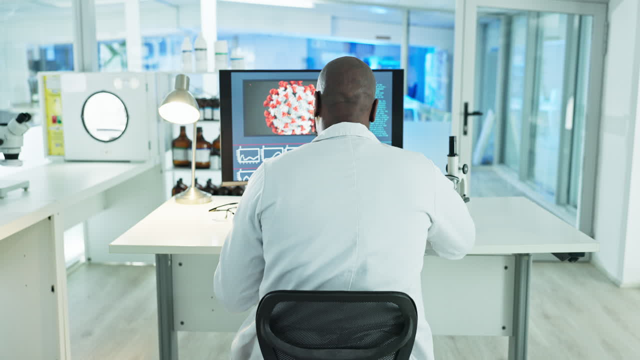 Computer, black man or scientist reading