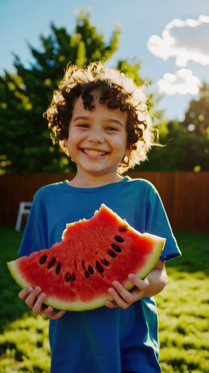 Joyful Child Eating Watermelon Outdoors