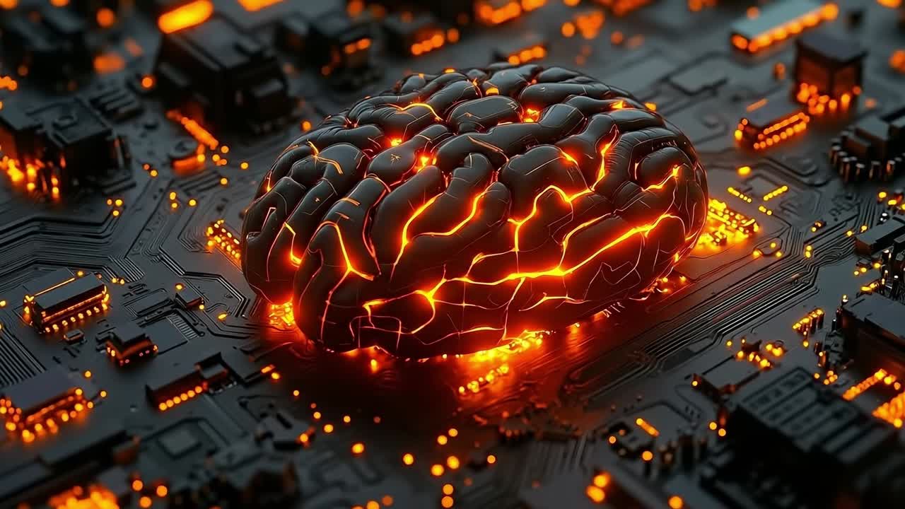 A computer circuit board with a glowing brain on top of it