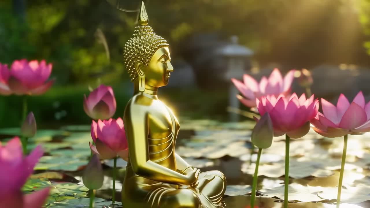 Video sereno di una statua dorata del Buddha tra fiori di loto, ripreso da una bassa angolazione con luci soffuse