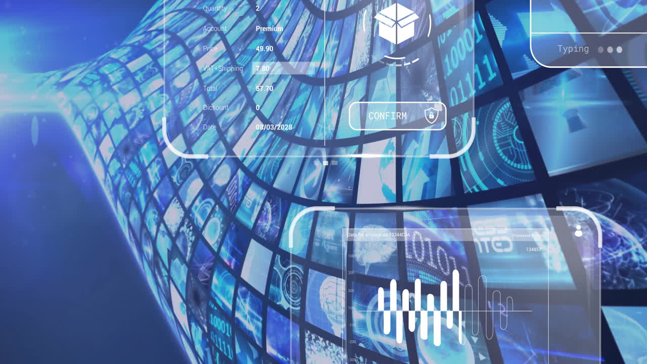 In school, animation of digital technology interface with screens and graphs