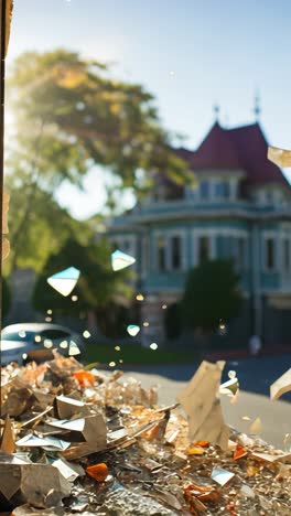shattered window captures fragments of a historic building restoration