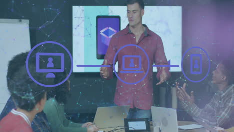 animation of media icons over diverse colleagues discussing work