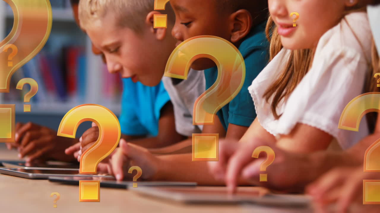 Question mark icons floating against group of kids using electronic devices at school