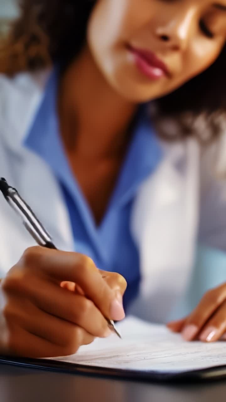 Et fokuseret, professionelt billede af en person, der skriver med en pen på et dokument, hvilket viser sans for detaljer og vigtigheden af klar kommunikation i et forretnings- eller medicinsk miljø
