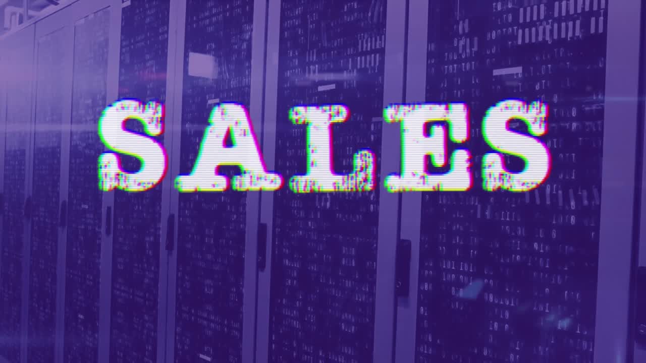 Анимация продаж на фоне фиолетовой серверной.