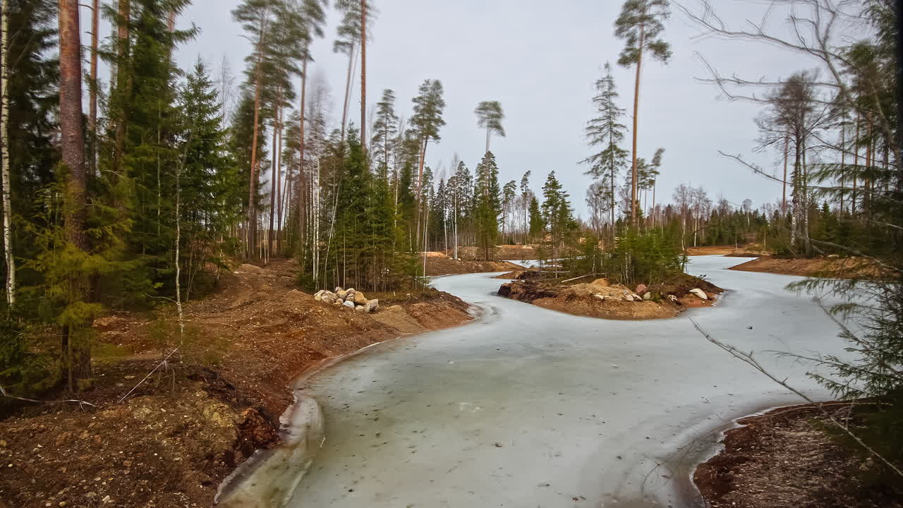 day time lapsing and climate variations on wild landscape. pond defrosting amidst pine forest