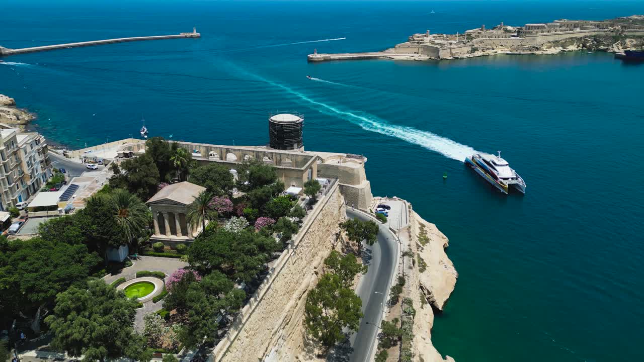 Aerial view of ferry entering Valletta Grand Harbour, Malta