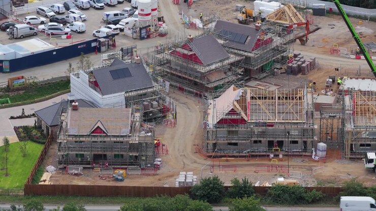 Workers build new houses with wooden frames and metal scaffolding on a busy development site during a bright afternoon as trucks and machinery operate nearby in a residential expansion area