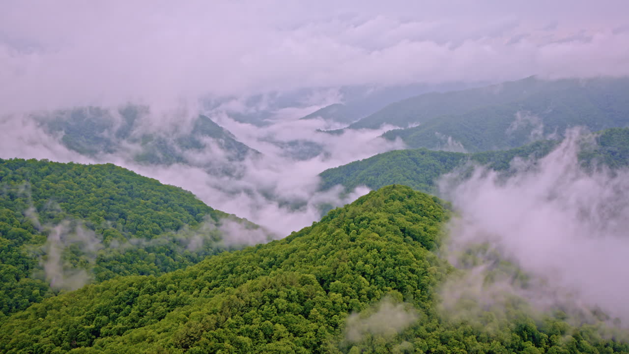 Fog floods the valleys of the Smoky Mountains in this aerial scene