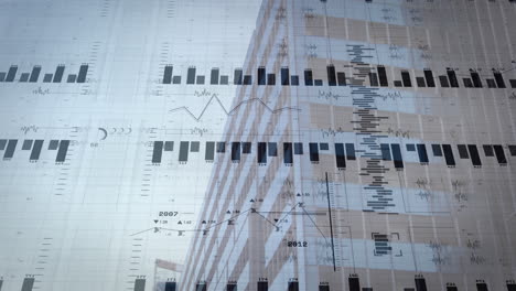 animation of financial data processing over cityscape