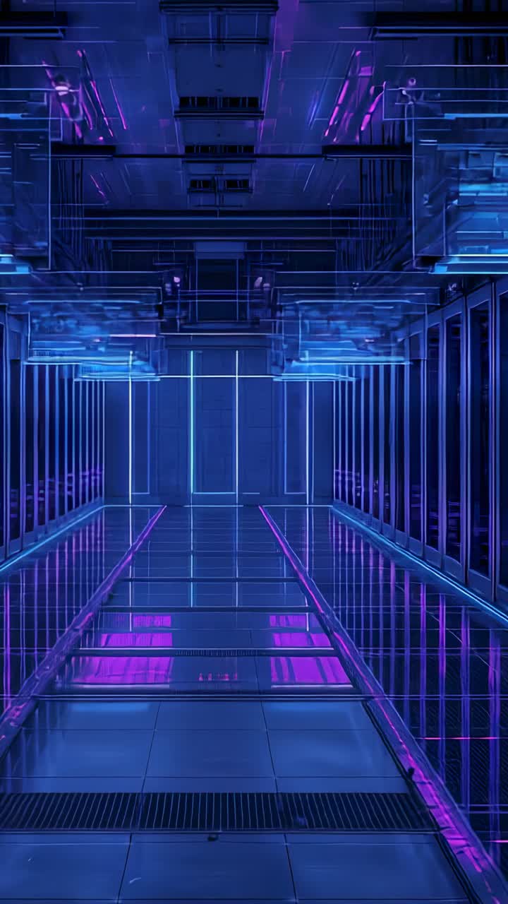 Vertical video: Lighting pulsing across floor panels, neon screens, grid, glowing doorway