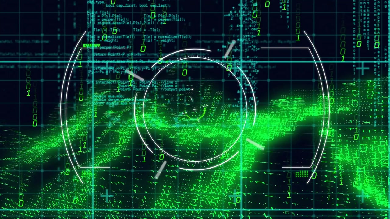 On startup HUD rings materializing rotating while green binary wave and code animate data interface