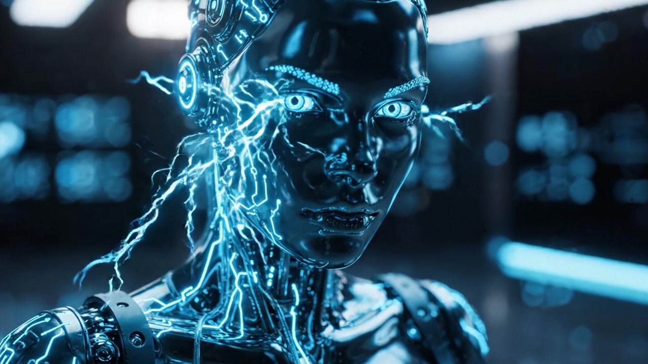 Un essere cibernetico futuristico con cablaggi intricati e una superficie riflettente, che mostra tecnologia avanzata e un'estetica sorprendente in un ambiente scarsamente illuminato