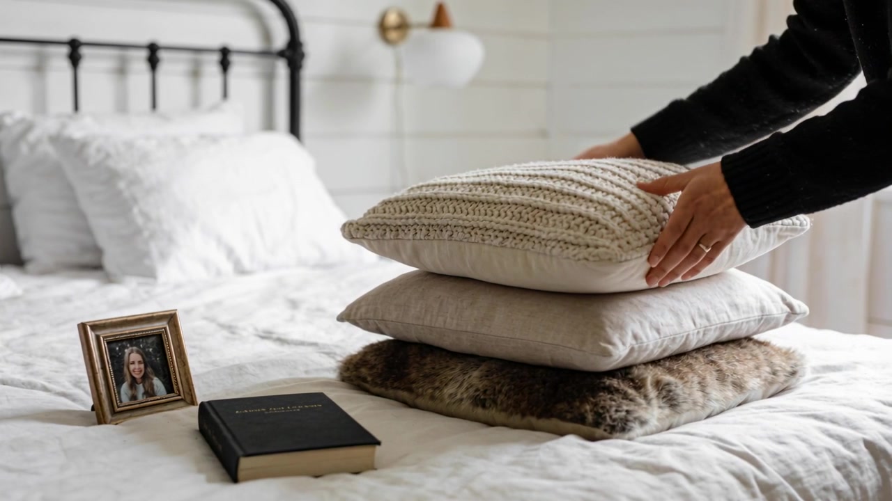 Entering from right, hands wearing black sweater arranging cushions on bed, styling portrait, book