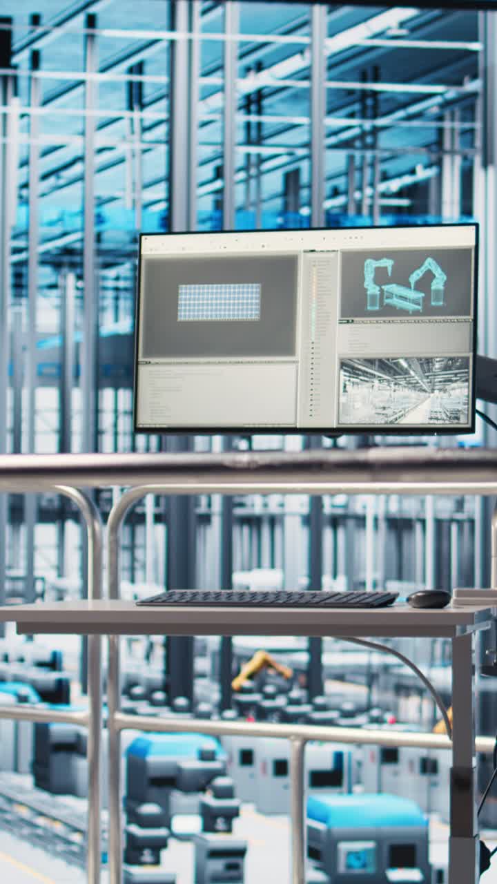 Vertical video Tracking software displayed on monitor in industry 4.0 industrial plant