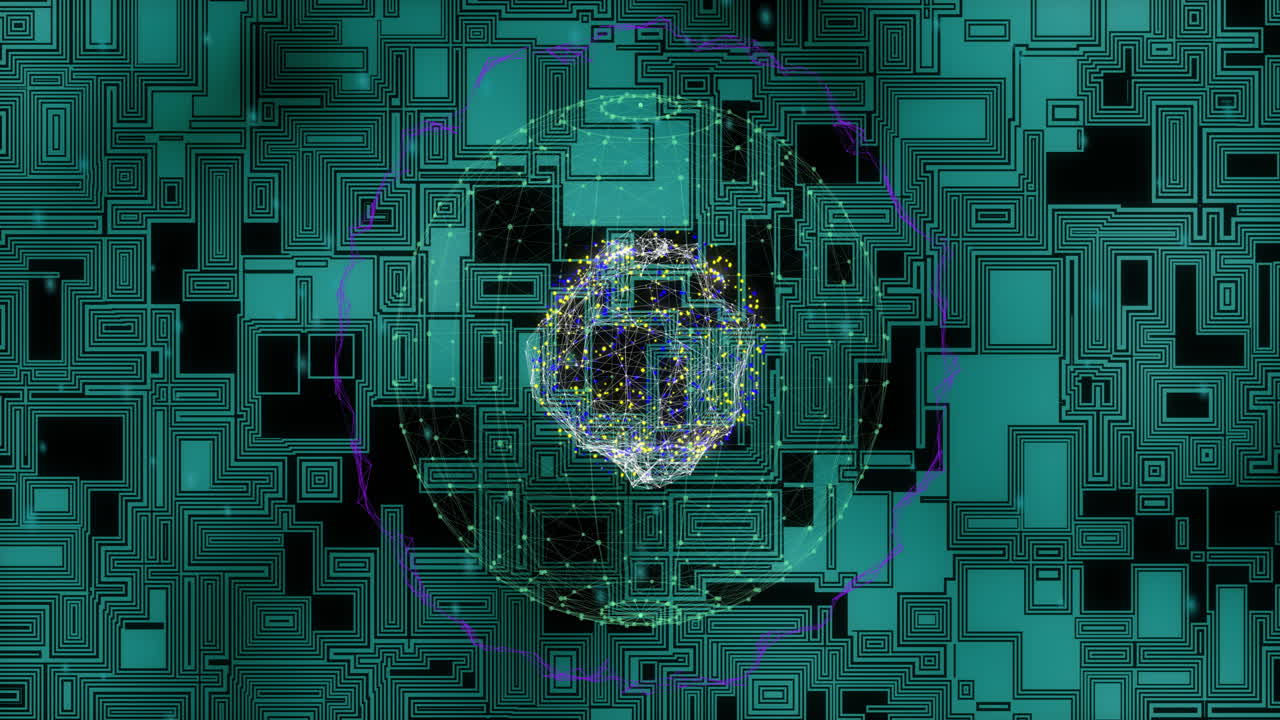 Animation of spots and globe moving over green shapes moving