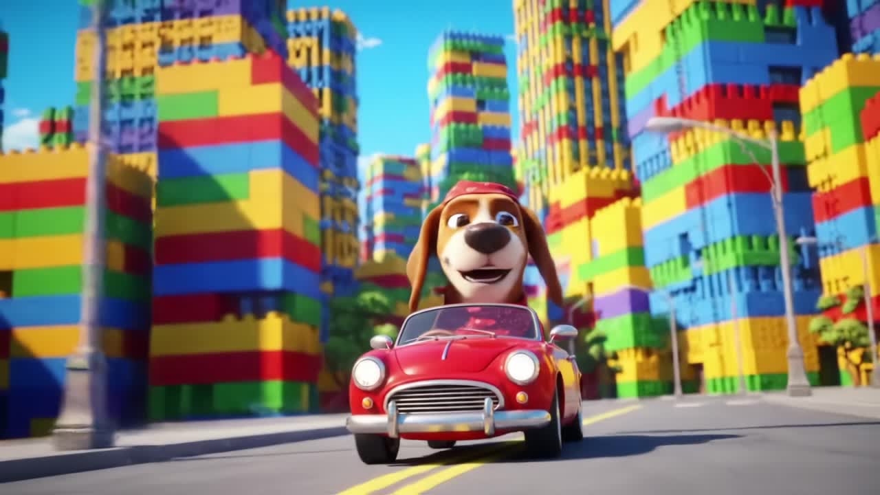 A Cheerful Cartoon Dog Driving a Vibrant Red Car Through a Colorful City Made of Building Blocks, Capturing a Fun and Playful Adventure in a Whimsical Landscape