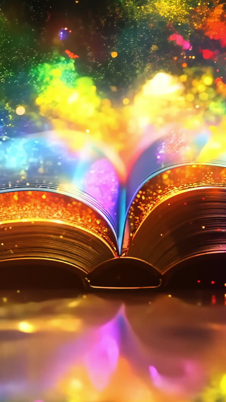 The book is open to a page with a vibrant and colorful display of sparkles and a rainbow of colors. The page is illuminated, creating a sense of magic and wonder