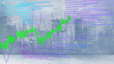 Animation-of-charts-and-processing-data-over-cloudy-cityscape