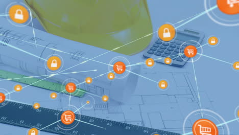 Animation-of-network-of-shopping-cart-and-security-icons-over-calculator-and-blueprints-on-desk