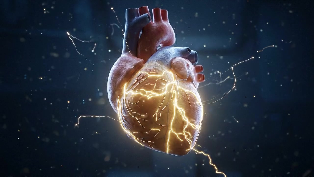 Cuore umano isolato realistico con vasi ramificati su sfondo blu scuro, in vista medica