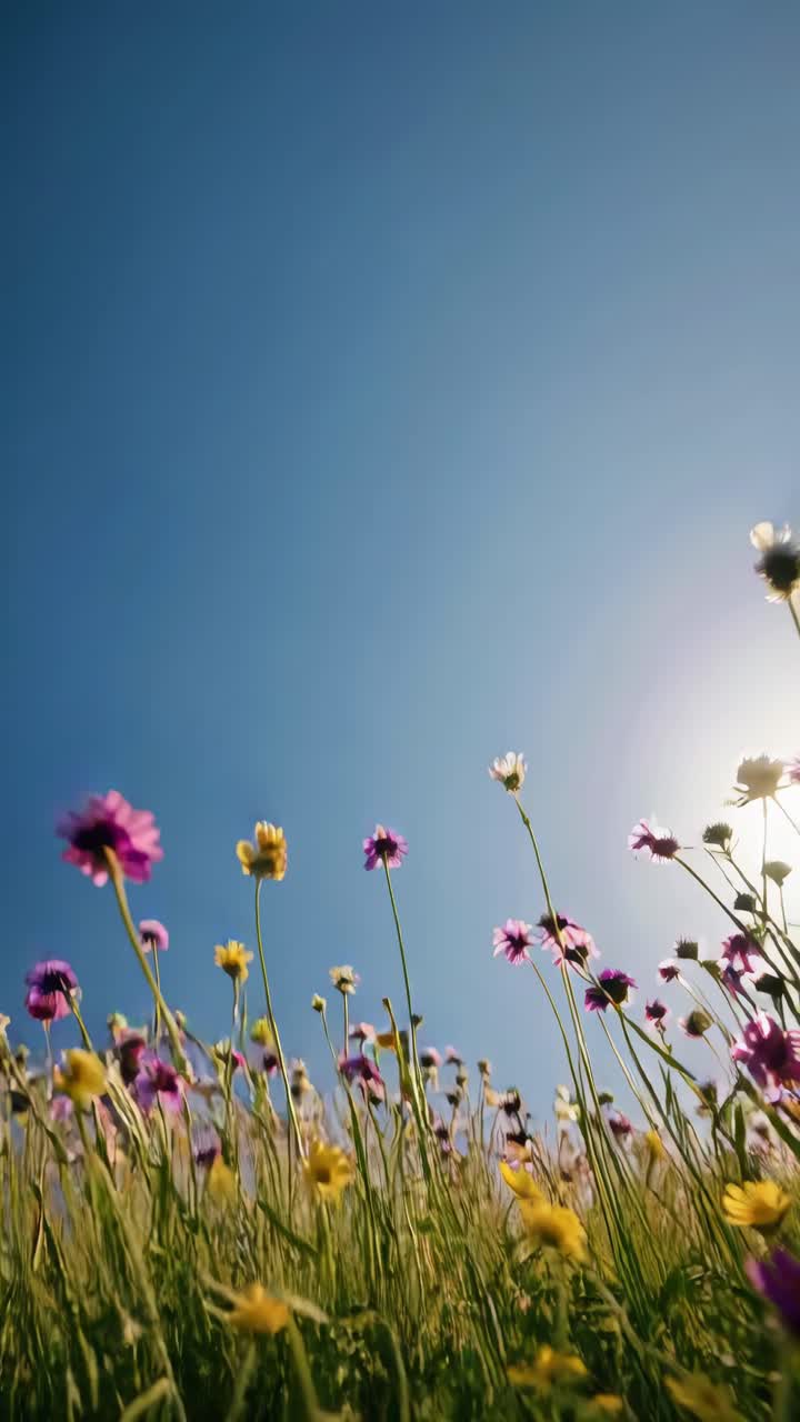 Ripresa video dal basso di vivaci fiori di campo su un cielo azzurro limpido, che cattura un'atmosfera serena