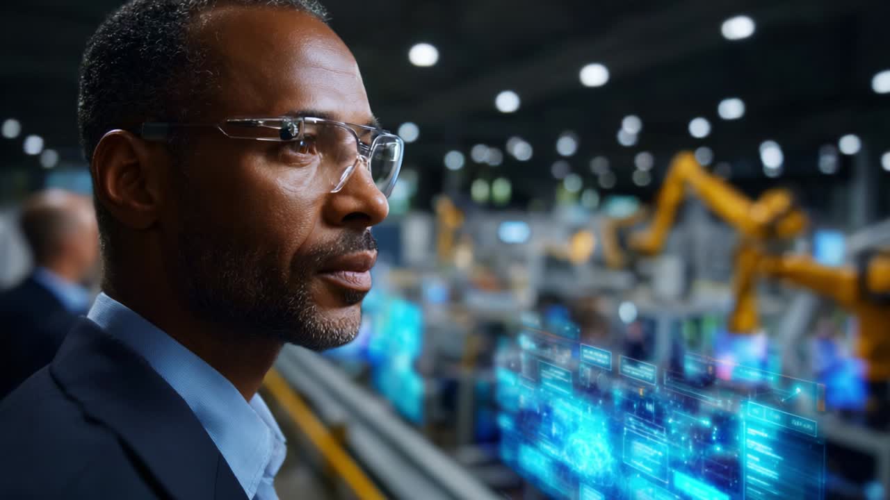 A focused professional observing advanced manufacturing technology in a modern industrial environment, showcasing innovation, automation, and the future of industry with digital interfaces and robotic arms