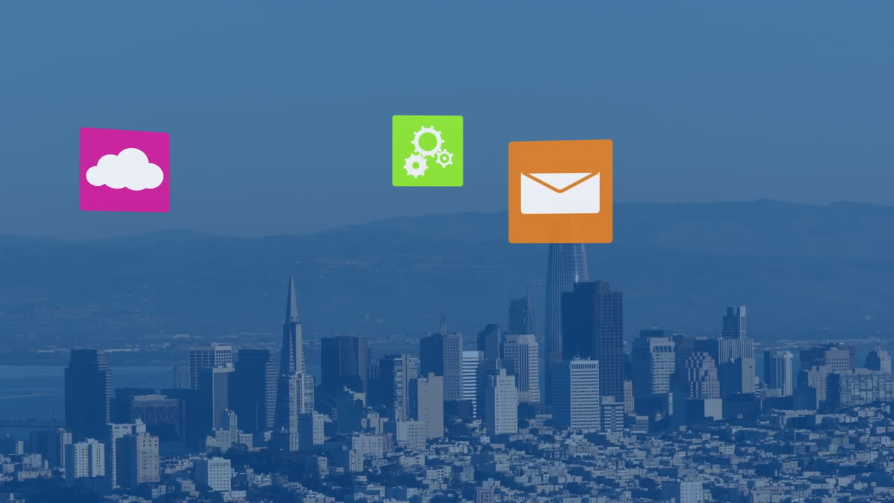 Animation of icons over cityscape