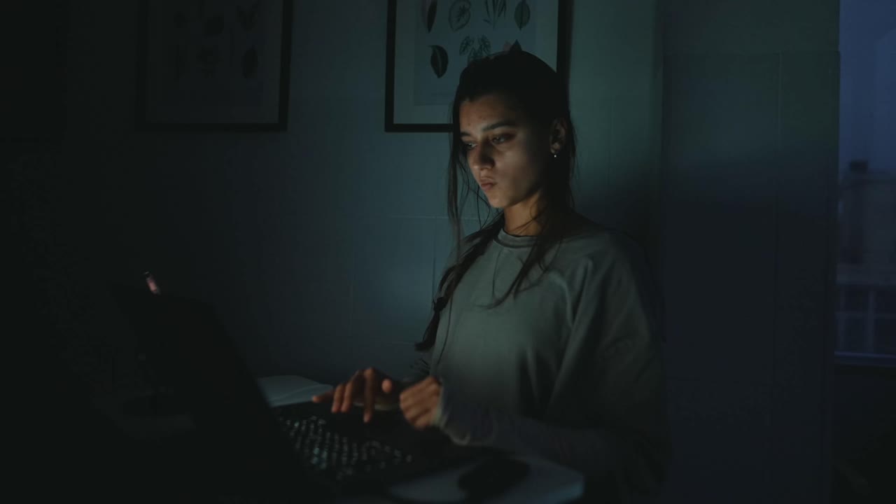 A woman working on a laptop in a dark room