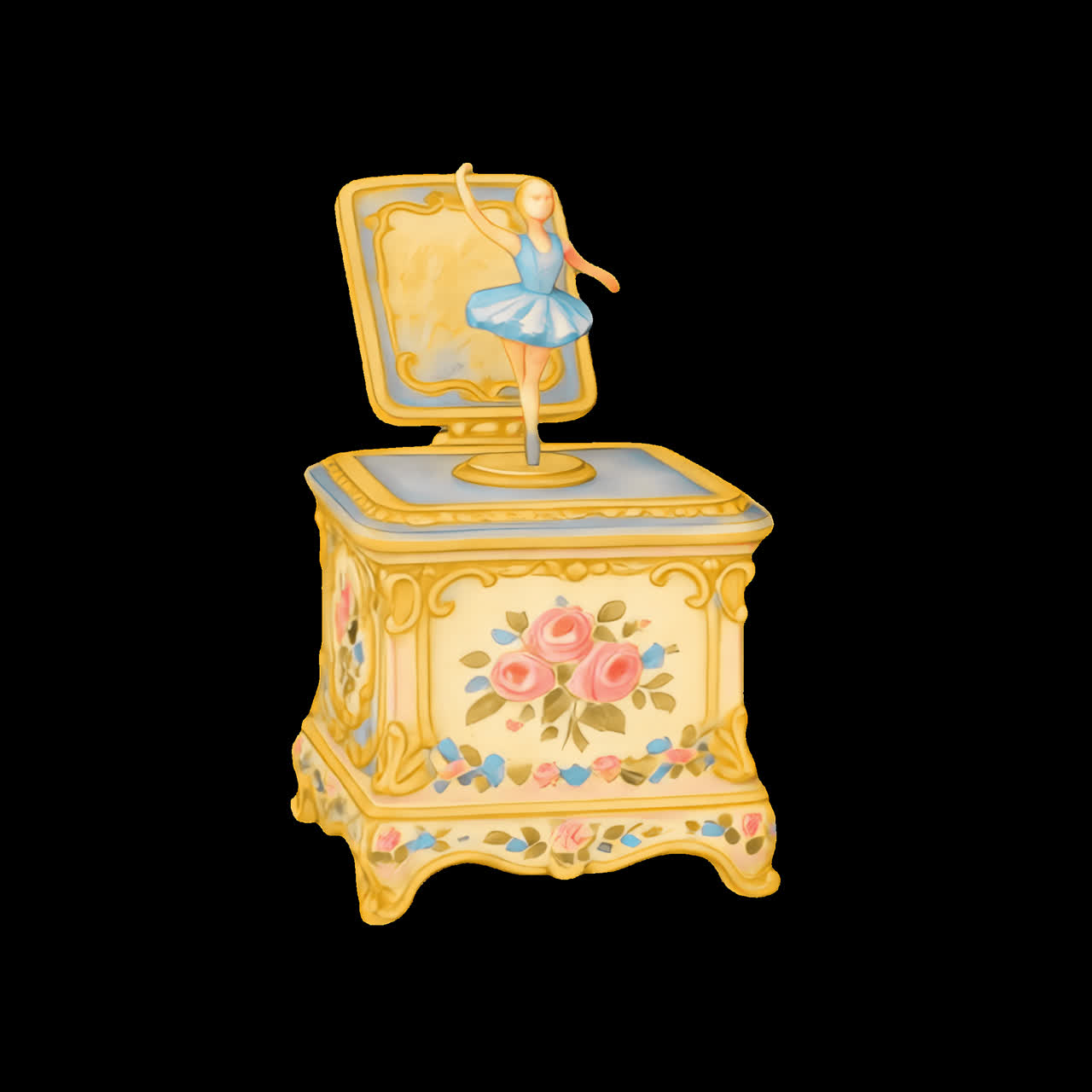 Vintage musical jewelry box animation isolated asset, transparent 4K video, alpha channel, ProRes
