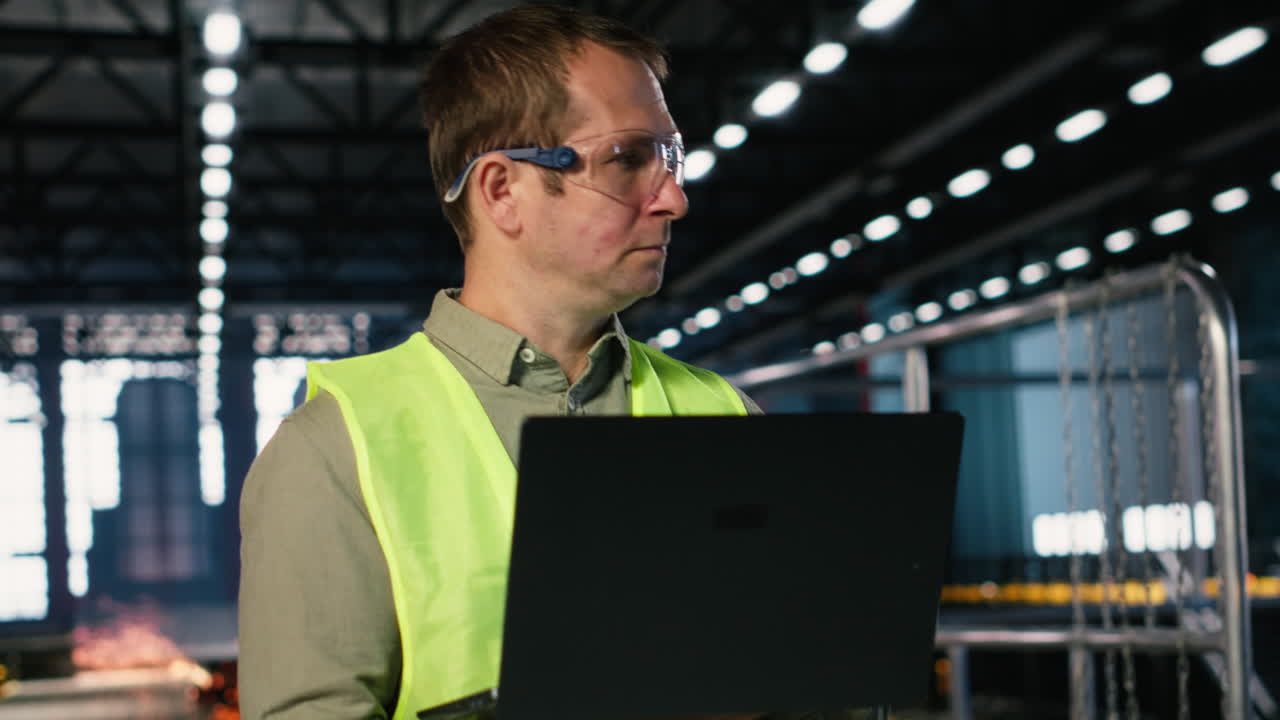 Male engineer supervises workshop fabrication equipment and checking laptop