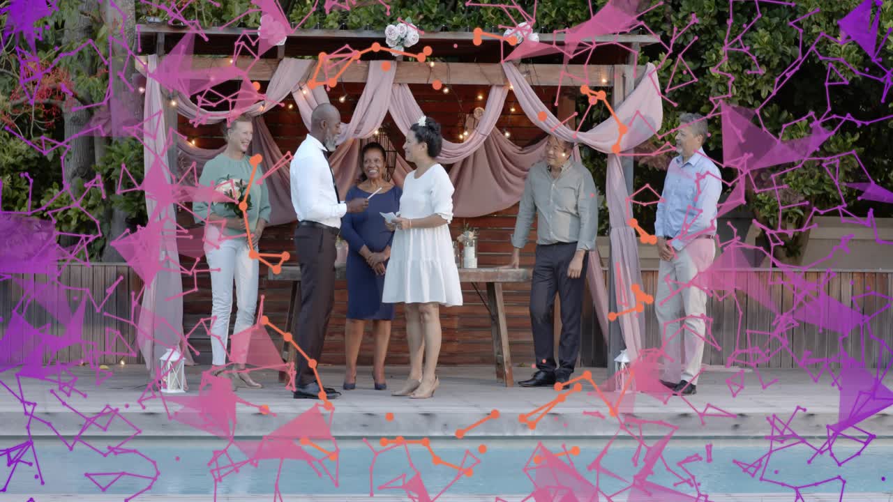 Bride and groom exchanging papers on wedding pergola, confetti overlay appearing over pool