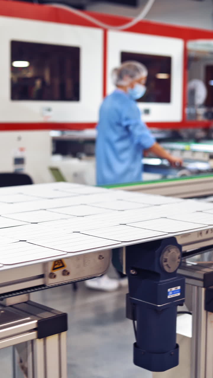 Automated equipment inside the factory. New panel moving on conveyor line on the modern factory background. Workers control the work of robotic equipment in the plant. Vertical video