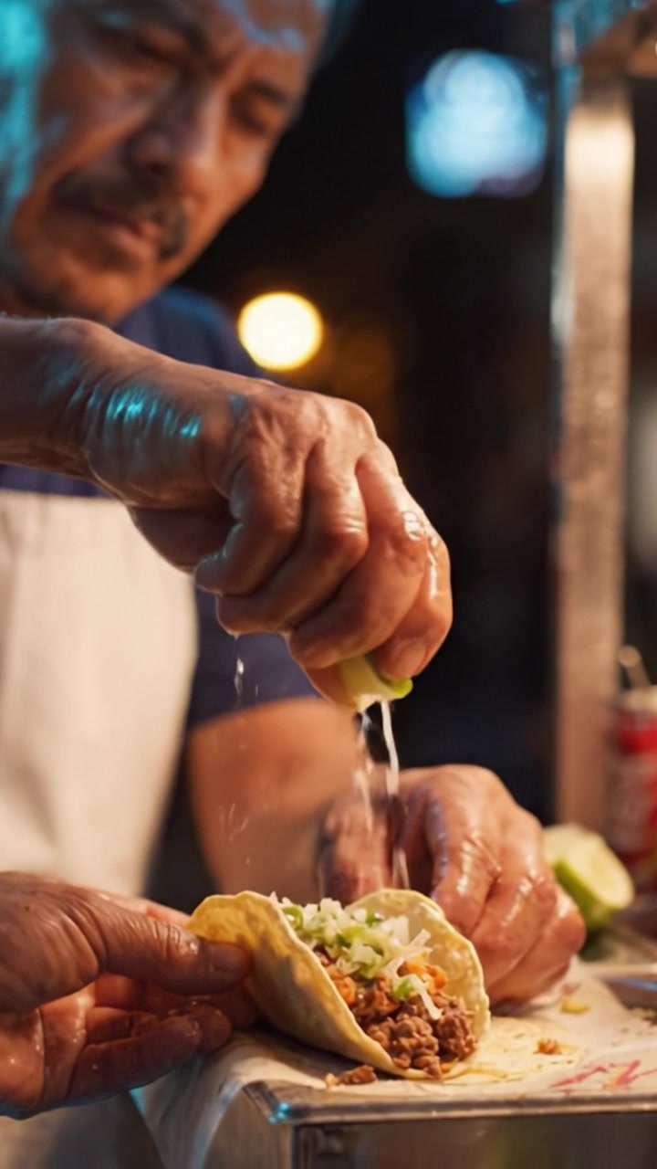 En lækker taco tilberedes ved en natlig madbod med friske ingredienser, der viser kunsten at tilberede street food og kulinarisk nydelse i hver bid.