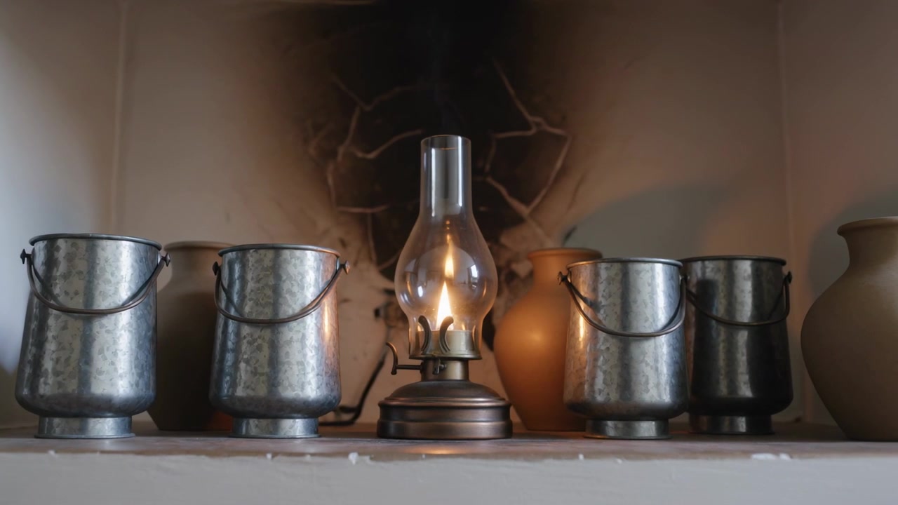 La caméra zoome sur une étagère encastrée, une lampe à huile vacille, projetant une lueur sur des seaux, montrant de la suie.