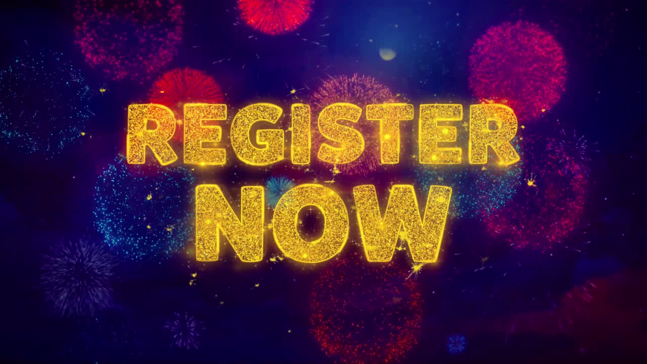 Registrati Ora - Grafica di Celebrazione con Fuochi d'Artificio