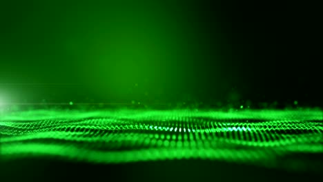 seamless loop, loopable, green digital abstract background with wave particles, glow sparkles and space with depth of field. particles form lines, surface and grid.