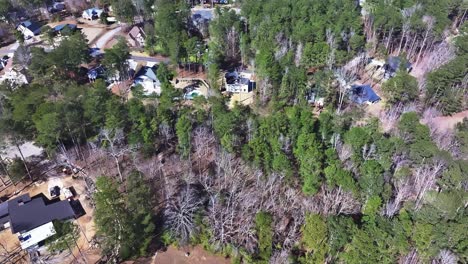 clear lake tara at fairfield plantation in georgia. aerial flyover shot. green trees in luxury district with homes and swimming pool. treasure lake in united states.