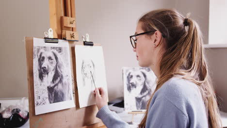 Female-Teenage-Artist-Sitting-At-Easel-Drawing-Picture-Of-Dog-From-Photograph-In-Charcoal