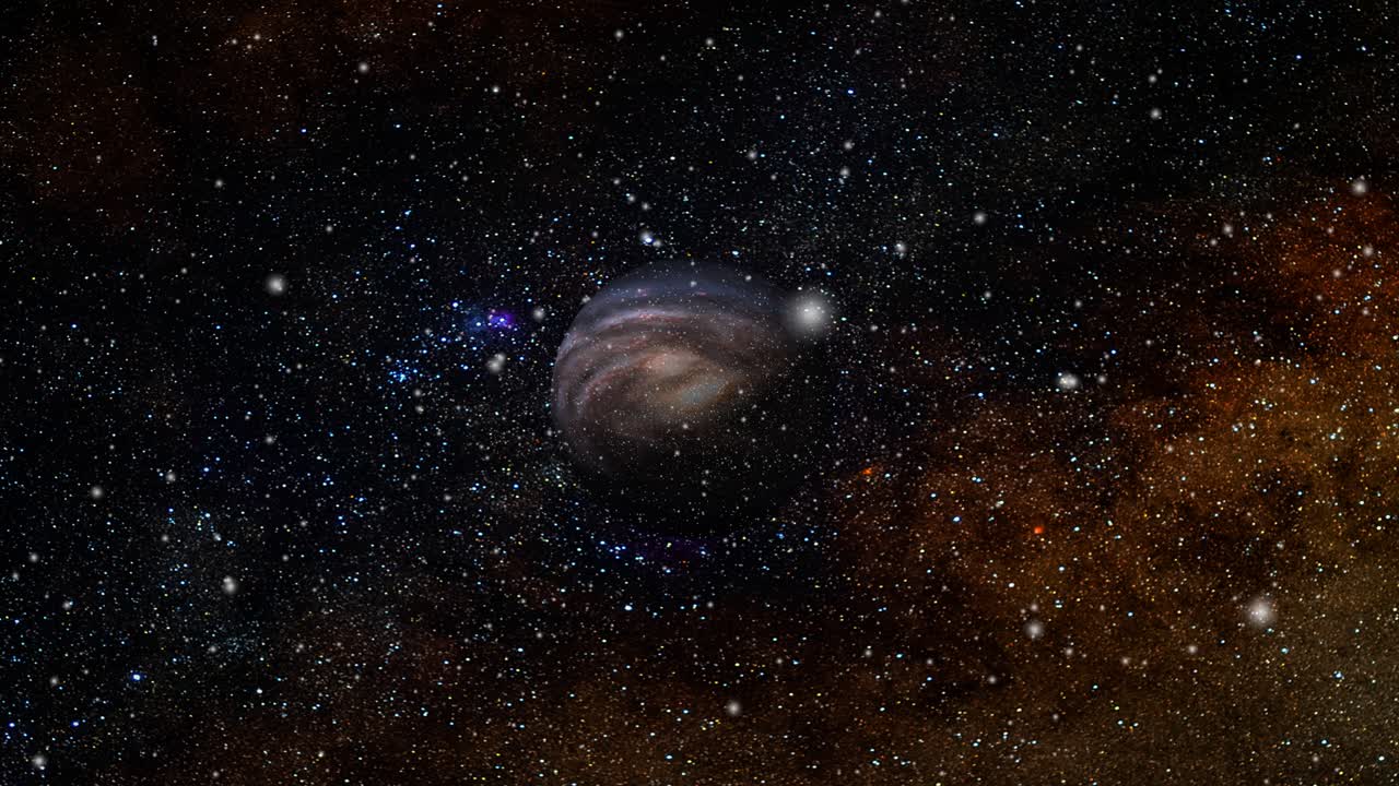 un planeta solo contra un fondo de nubes nebulosas naranjas