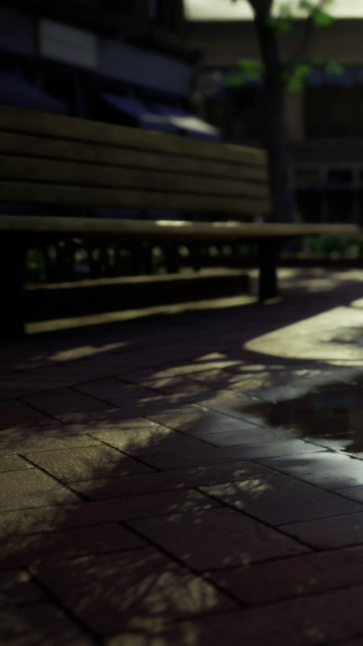 Light reflection on pavement near bench in outdoor space during evening