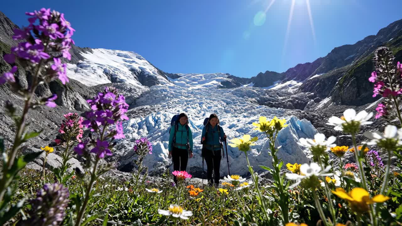 Hikers Enjoying a Mountain Glacier Landscape with Flowers