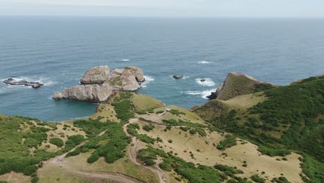 aerial view of the stunning muelle de las almas in chonchi, chile, showcasing the dramatic coastline and the vastness of the pacific ocean. push forward